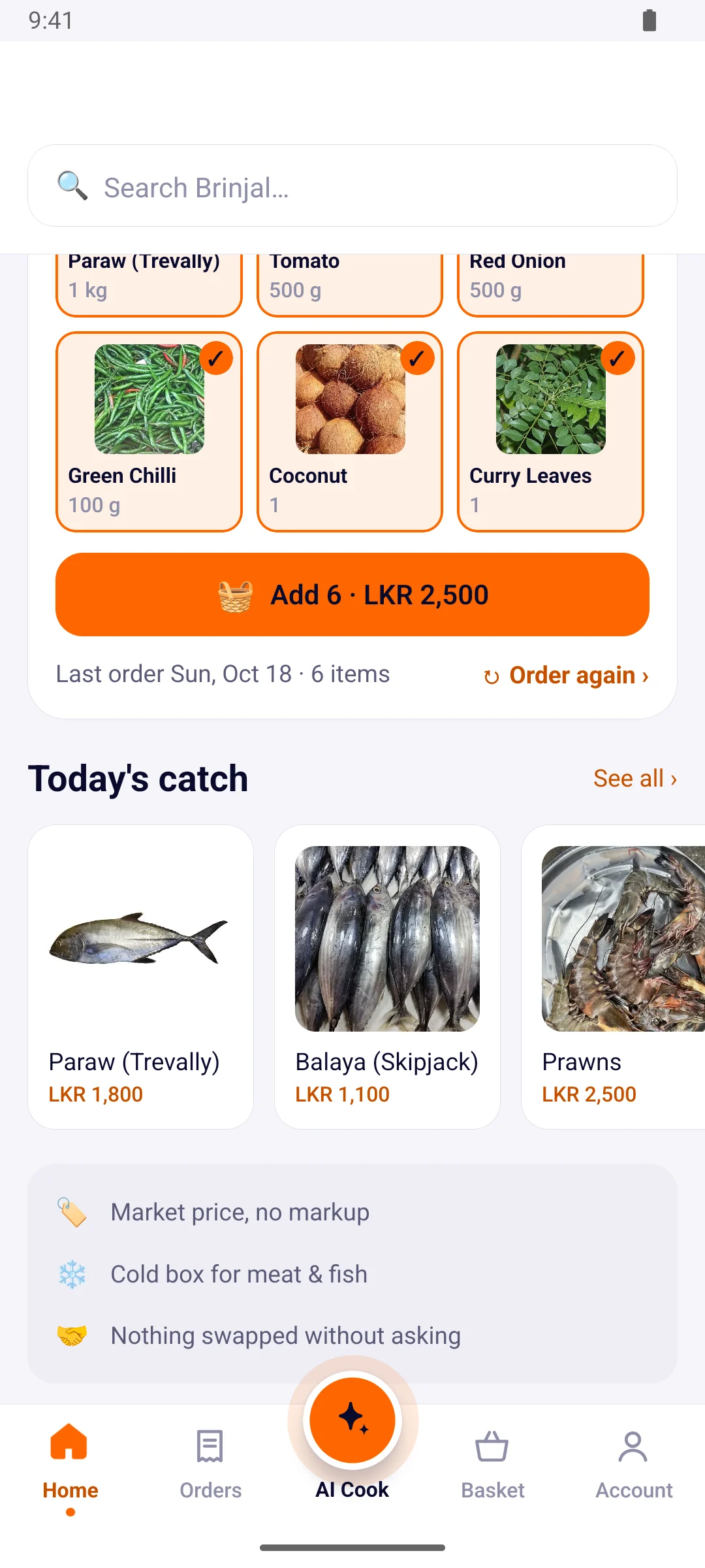 The MrDooD app’s home screen: express, morning or evening delivery, the four categories and your usual basket.